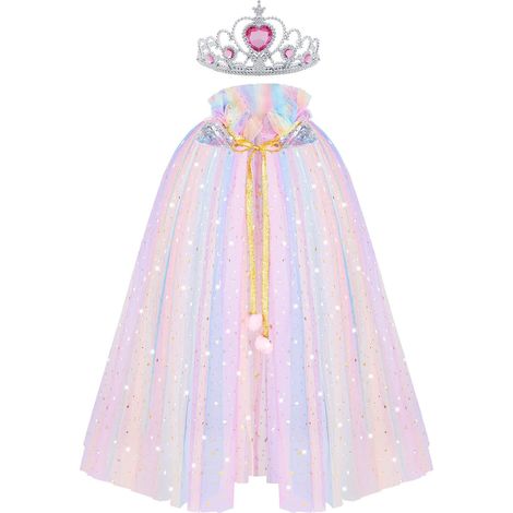 Costume da principessa Elsa per bambine, mantello da principessa colorato per ragazze con corona magica da principessa, costume con mantello scintillante di lusso per feste/cosplay