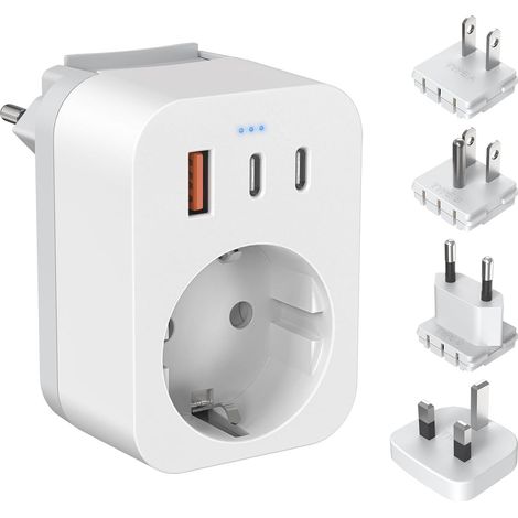Adaptateur de Voyage France/Royaume-Uni, Adaptateur de Prise Internationale avec 3 USB, 2 Type C PD 20W, 4 adaptateurs détachables pour USA, Europe, Angleterre, Thaïlande, Japon, Chine (1/5)