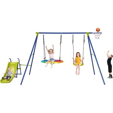 Costway – Columpio jardín exterior 4 en 1 – Tobogán, aro de baloncesto, 2 columpios ajustables – Carga 200kg – Para niños de 3 a 12 años (1/5)