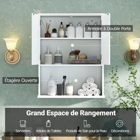 Armoire murale blanche 2 portes avec étagère ouverte et étagère intérieure réglable pour salle de bain et buanderie (1/5)