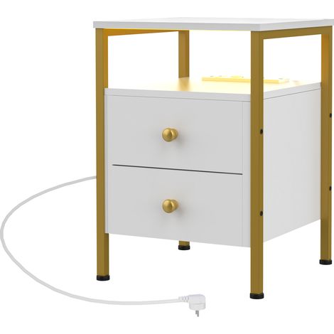 Table de Chevet LED Multifonction avec Station de Recharge (2 Prises + 2 USB) - 2 Tiroirs en Panneau de Particules Blanc, Cadre Métallique et Télécommande 16 Couleurs pour Salon/Chambre, Design Modern (1/5)