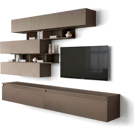 Dmora - Parete attrezzata Hilaire, Composizione soggiorno, Mobile salotto multiuso, Armadio porta TV, Made in Italy, 276x40 h190 cm, Bronzo e Grigio (1/5)
