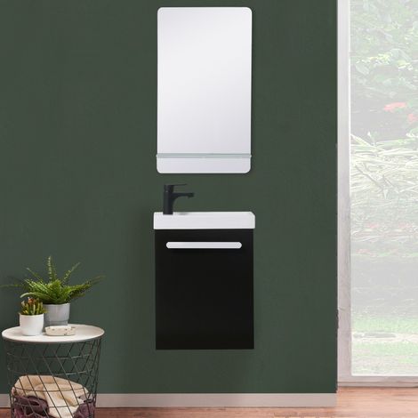 Ensemble meuble lave-mains noir carbone NEVADA + miroir + robinet noir (1/5)