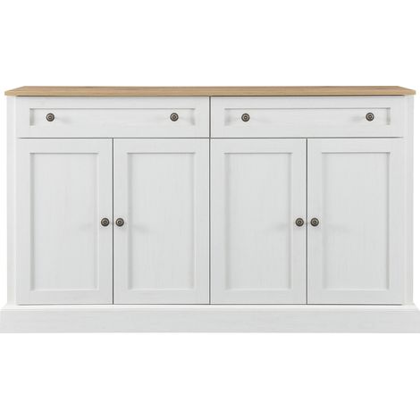Grand buffet avec 4 portes et 2 tiroirs, meuble buffet moderne pour salle à manger et salon, 150 x 86 x 40 cm (L/B/H) – (blanc antique + bois naturel) (1/5)