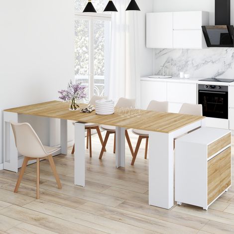 Mesa buffet extensible ORLANDO, 10 personas, 235 cm, madera blanca y chapado de haya