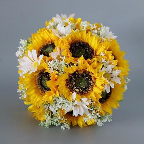 Bouquet de fleurs artificielles en soie de tournesol jaune - Bouquet de fleurs rustiques - Pour mariée et demoiselle d'honneur (1/4)