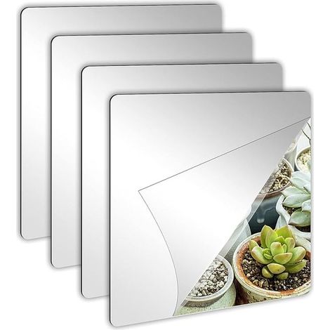Lot de 4 autocollants miroir - Miroir mural - Autocollant miroir - Acrylique - Argent - 20 x 20 cm - Autocollant - Miroir (1/5)