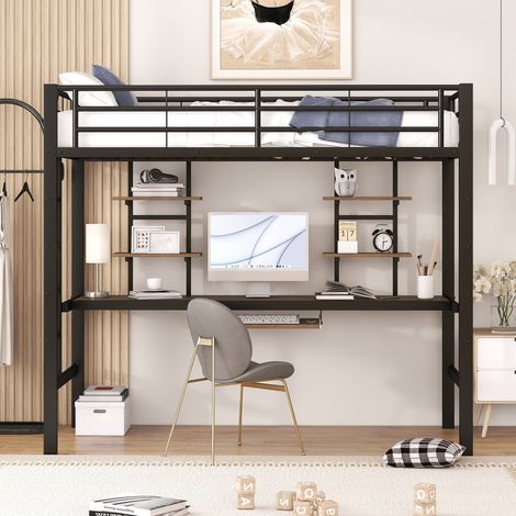 Cama alta de metal 90x200cm, cama infantil, con escritorio y 4 estantes, sin colchón, color negro (1/5)