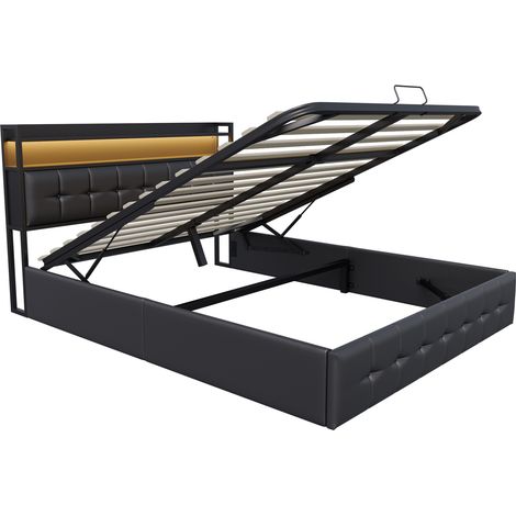 Cama doble 160 x 200 cm negra en PU con cabecero de almacenaje, tira LED y enchufe (1/5)