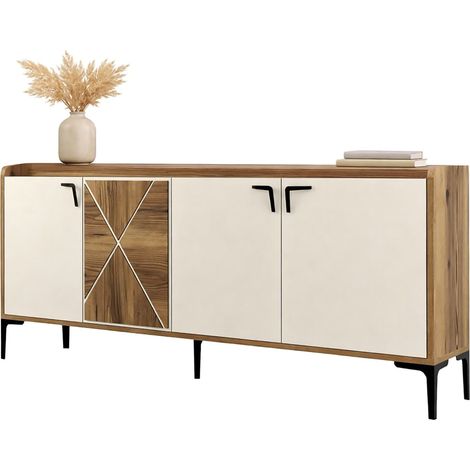 Anrichte Elini, Kommode 2 Regale, 4 Fächer, 4 Türen, 180x35x78h cm Cremeweiß