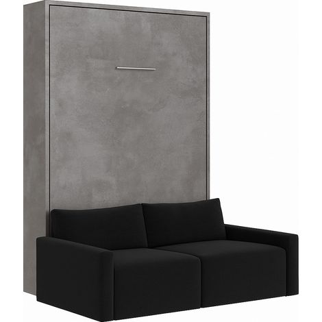 Lit escamotable vertical avec canapé tissu VALENCIA Noir Matelas mousse 18 cm-Avec matelas-140x190-Canapé Noir-Structure Gris ciment (1/5)
