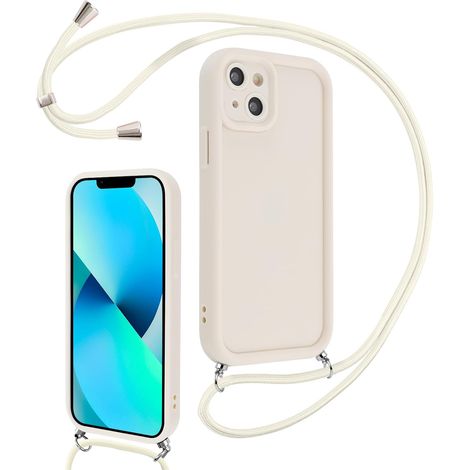 Coque pour iPhone 13 6,1" avec Cordon de Collier Réglable, Etui Protection de la Caméra Silicone Souple TPU Antichoc Housse avec Corde Lanyard Cover pour Femmes Filles, Blanc (1/5)