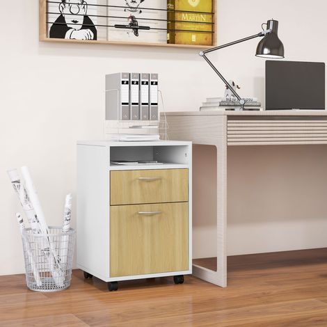 Unité Tiroirs Bureau Mobile Tiroir Meuble Roues Support Imprimante Étude Mobilier Intérieur Blanc Naturel 40x35x60cm (1/4)