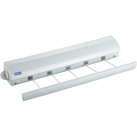 Wenko – Étendoir à linge mural extensible 21m – Résistant aux intempéries – Verrouillage de rétraction – Fixation incluse – Dimensions 47,5x7x7cm – Blanc