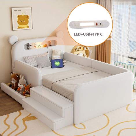 Cama infantil tapizada de 90x200 cm con cabecero de oso, luz nocturna, puerto USB y almacenamiento integrado, piel sintética blanca (1/5)