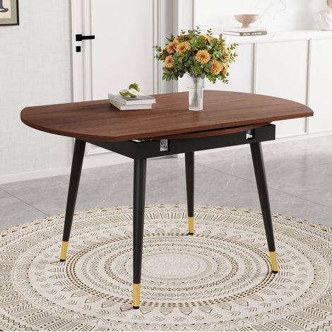 Mesa de comedor extensible 140x90 cm nogal en MDF con patas metálicas doradas (1/5)