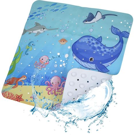 Tapis Bain Enfant Antidérapant 53x53 cm Bleu Motif Marin Cartoon (1/5)