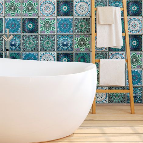 Sticker Mural Carrelage adhésif Cuisine Salle de Bain - 60 STICKERS CARREAUX DE CIMENT BOHÈME NAHUI - 60stickers20x20cm (1/5)