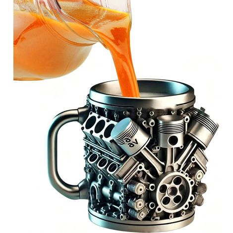 Edelstahlbecher mit 3D-V6-Motorenmotiv, 300 ml, großer, eleganter Kaffeebecher aus Stahl mit Motorenmotiv, schwerer Becher mit isoliertem Griff, geeignet für Autoliebhaber und Rennsportfans – für Zuha (1/5)