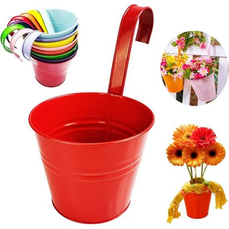 Set di 8 vasi da giardino, fioriere sospese in metallo, vasi da fiori da appendere, contenitori sospesi per fiori da giardino, decorazione per balcone, con fori di drenaggio e coperchi rimovibili. (1/5)