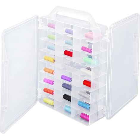Boîte de Rangement pour Fil à Coudre pour 46 bobines Double face Boîte en Plastique Transparent avec poignée pour Fils à broder et à coudre, Artisanat 33x25x8,2 cm (1/5)