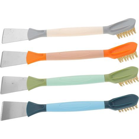 brosses de nettoyage double tête pour plaques de cuisson, avec brosse métallique et grattoir, pour brûleurs à gaz, bords d'évier, carrelage de salle de bain et serrures difficiles d'accès. (1/5)