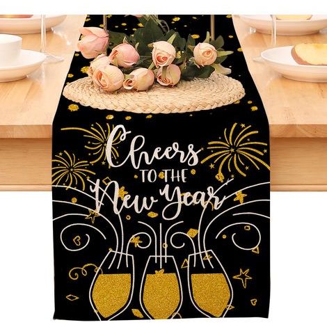 Chemin de table « Bonne année ». nappe noire et or à pois et étoiles. décoration pour la maison et la cuisine. ambiance champêtre. linge de table en toile de jute pour les fêtes d'hiver 2026 (1/5)