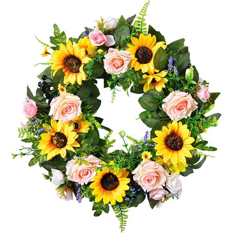 Couronne De Fleurs - Couronne Solaire En Forme De Tournesol - Décor De Porte D'Entrée Ou De Mur Intérieur - Pour Printemps Et Été - 1 Pièce