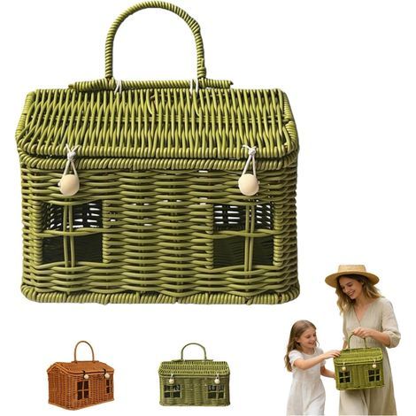 House Shape - Panier de pique-nique en rotin - Fabriqué à la main - Avec couvercle et poignée - 26 x 16 x 14 cm - Pour le rangement de pique-nique de voyage, vert (1/5)