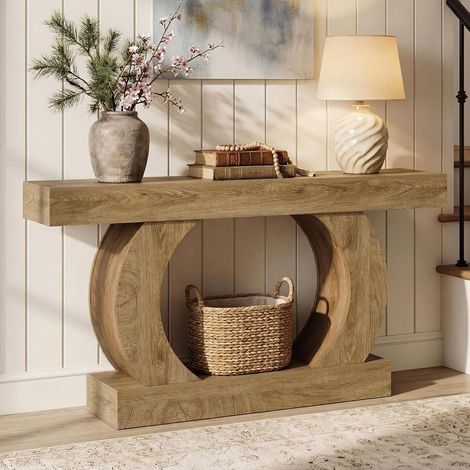 Tribesigns Table Console 150 cm, Meuble d‘Entrée Étroit avec 2 Niveaux de Rangement, Style Ferme Moderne, Table de Canapé pour Couloir, Salon ou Derrière Le Canapé, Finition Chêne, Marron Clair (1/5)
