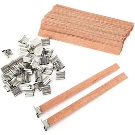 Mèches de bougies en bois 1,5 x 15 cm (0,6 x 5,9 po) sans fumée, avec support en acier inoxydable pour la fabrication de bougies maison. (1/5)