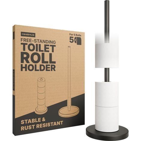 1 - Porte Papier Toilette sur Pied - Acier Inoxydable - Base Lestée Stable et Patin Antidérapant - Rangement pour 5 Rouleaux de Rechange - Salle de Bain - Noir - 53,8x17x17 cm (1/5)