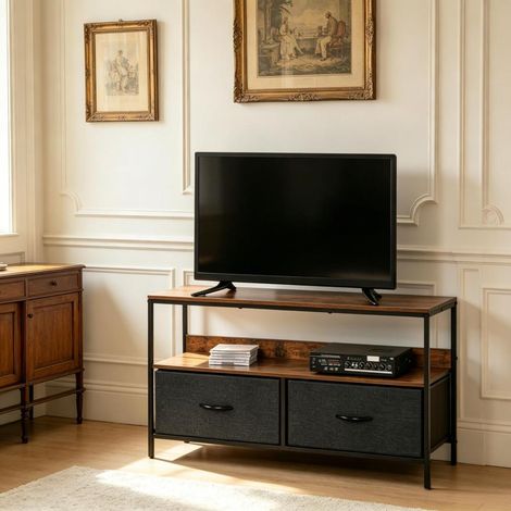 Meuble TV 98x29x56 cm cadre métallique avec 2 tiroirs pliables et étagère, support télévision jusqu'à 47 pouces, charge 41 kg pour salon chambre (1/5)