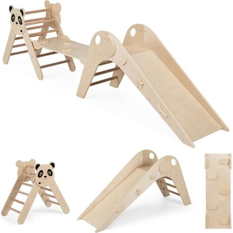COSTWAY Set da Arrampicata per Bambini, Set Montessori Pieghevoli in Legno,3 Anni +,Naturale