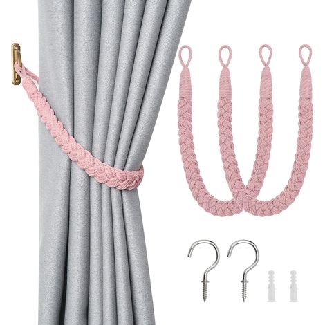 Lot de 2 embrasses de rideaux en corde de coton naturel de style bohème élégant et décoratif tissé à la main avec crochet en métal pour la maison et le bureau (rose) (1/5)