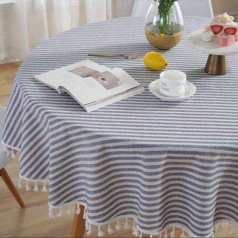 Runde Tischdecke aus Baumwolle, Leinen, Tischdecke im Bohème-Stil für Küche und Esszimmer (Blau, 150 cm)
