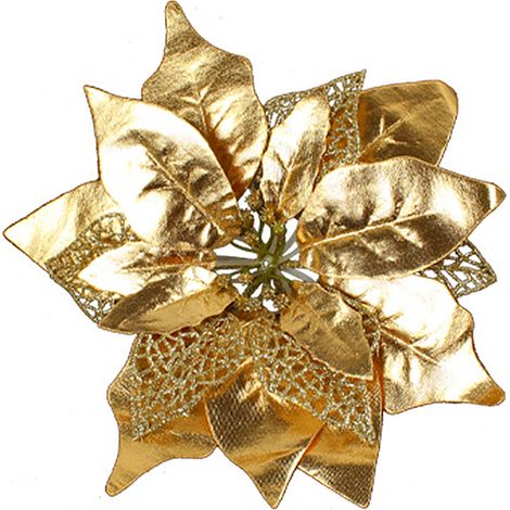 (Pièce par paquet) (Or) Fleur de Noël creuse en poudre dorée, accessoire de décoration pour sapin de Noël à faire soi-même, 25 cm, plastique (1/2)