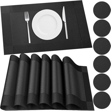 Lot de 6 sets de table et dessous de verre, tapis de table en PVC vinyle antidérapant, résistant à la chaleur, lavable, pour cuisine, salle à manger, maison, restaurant, noir