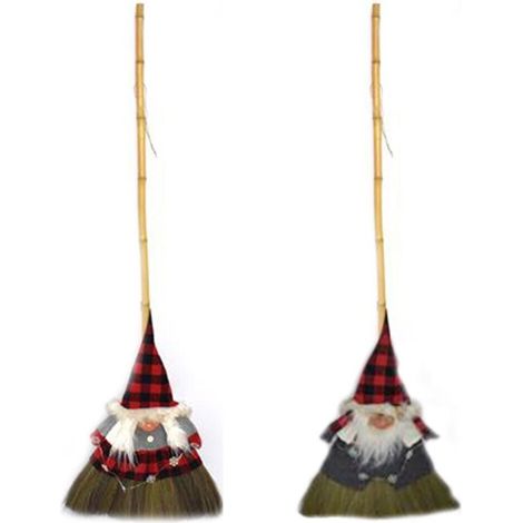 Scopa befana gnomo elfo lui o lei con luci tessuto decorazioni addobbi natalizi - decoro: scopa con gnomo LEI (1/5)