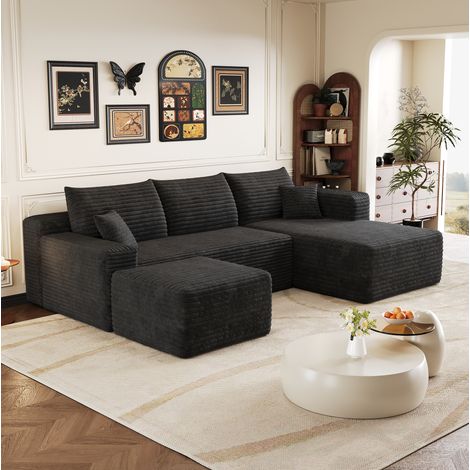 Ecksofa 241 cm schwarz aus Stoff mit Cordbezug, Chaiselongue und montagefrei (1/5)