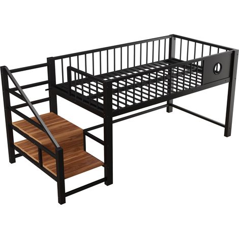 Letto a soppalco basso per bambini 90 x 200 cm con scala contenitore, metallo nero (1/5)