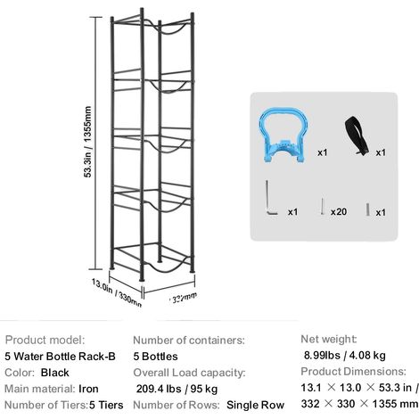 Soporte para jarra de agua, diseño robusto, almacenamiento que ahorra espacio, negro, 5 niveles, 1/5 (1/2)