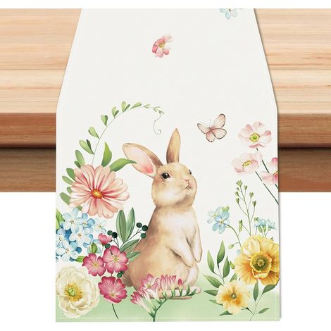 Tischläufer mit Blumenmuster und Osterhasenmotiv, 33 x 183 cm, Tischdekoration für Küche und Esszimmer (1/5)