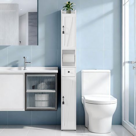 Meuble Colonne Salle de Bain 20 cm, Armoire de Rangement Étroite avec Tiroir et Étagères Réglables pour Salle de Bain Compact pour Petits Espaces, Cuisine, MDF, Blanc, 20x20x180cm (1/5)