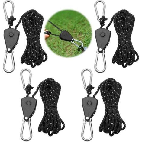 4 Spannseile mit Karabinerhaken, 4 m langes, per Ratsche verstellbares Spannseil, 3 mm Seildurchmesser (1/8 Zoll) für Lampen, Pflanzenleuchten, Blumentöpfe, Zelte und zum Wandern (1/4)
