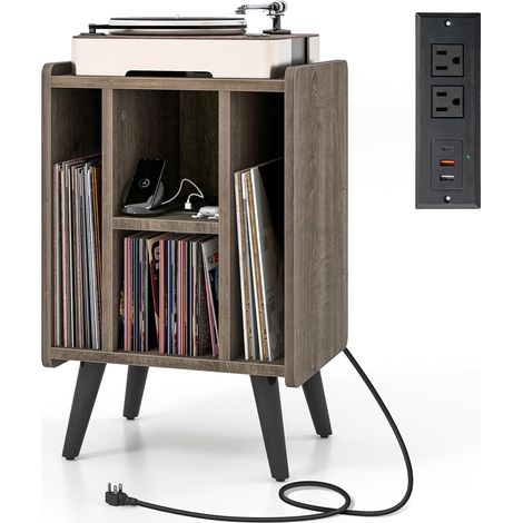 COSTWAY Supporto per Giradischi, Porta Vinili con 4 Ripiani Aperti, Presa di Corrente e Porta USB, con Mensole Espositive, per Soggiorno, Camera da Letto e Ufficio, 43 x 34,5 x 67,5 cm (Grigio) (1/5)