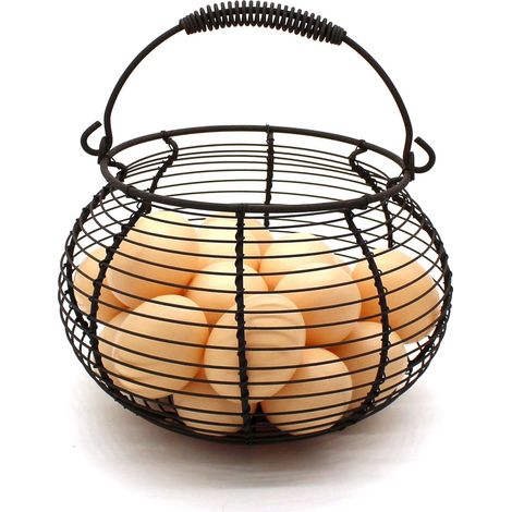 Panier à œufs rustique en fil de fer, poignée en osier, style vintage. (1/3)