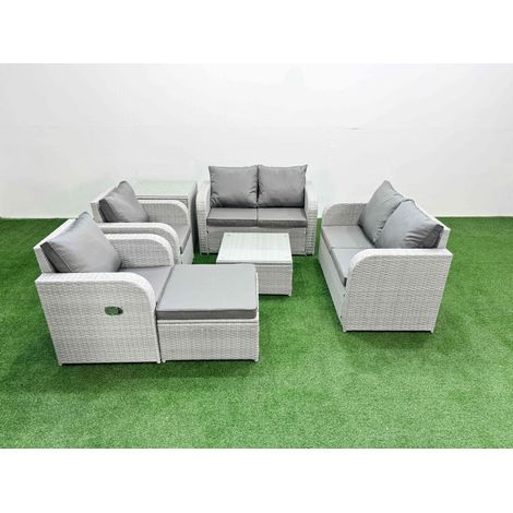 Fimous 7 Seater Outdoor Reclining Chair Love Sofa Set Rattan Garden Furniture Set with Square Coffee Table Footstool Side Table Light Grey (1/4)