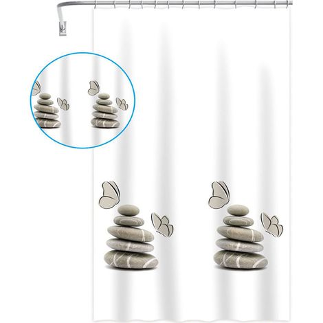 Tenda per doccia vasca da bagno impermeabile peva 12 ganci con fondo bianco decorazione con sassi stile shabby chic 180x200 cm (1/5)