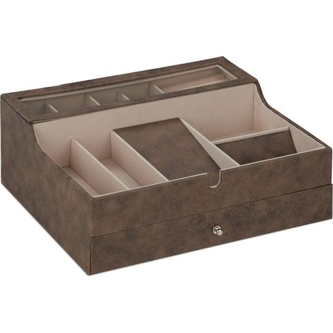 Boîte à bijoux moderne rangement structuré 13 x 34 x 31 cm avec tiroir effet cuir en polyester crème (1/5)